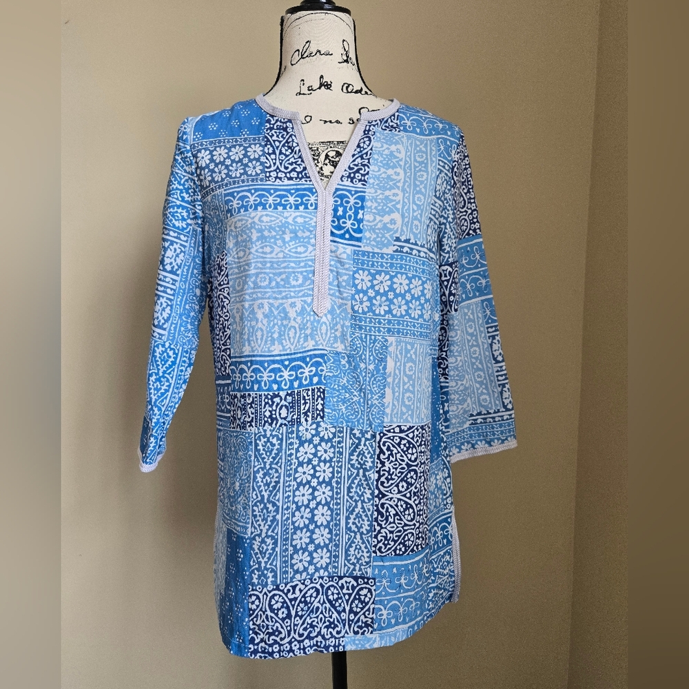 J.Mclaughlin blue abstract patchwork print top 3/4 sleeve womens S